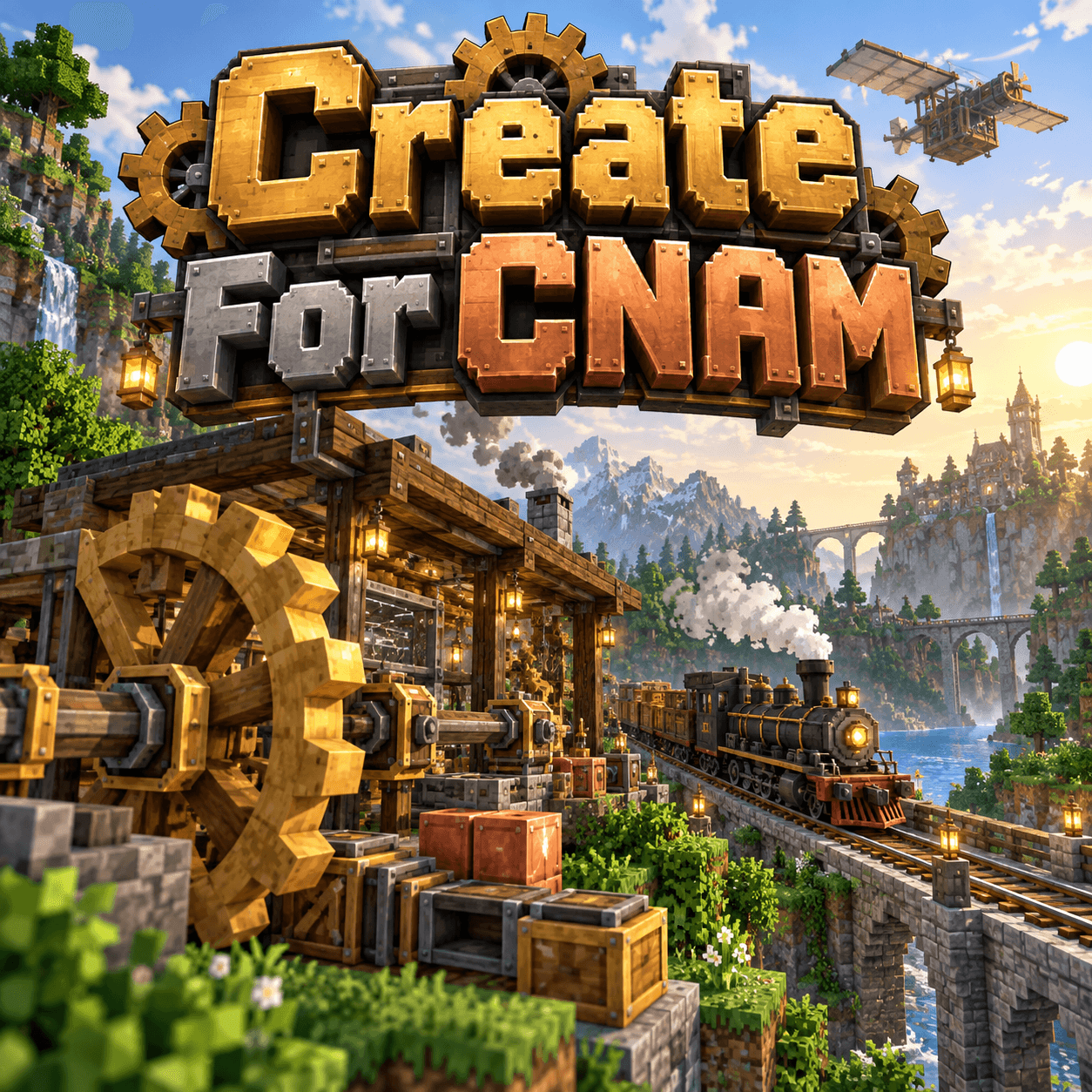 Couverture du modpack : atelier Create, train à vapeur et machine volante